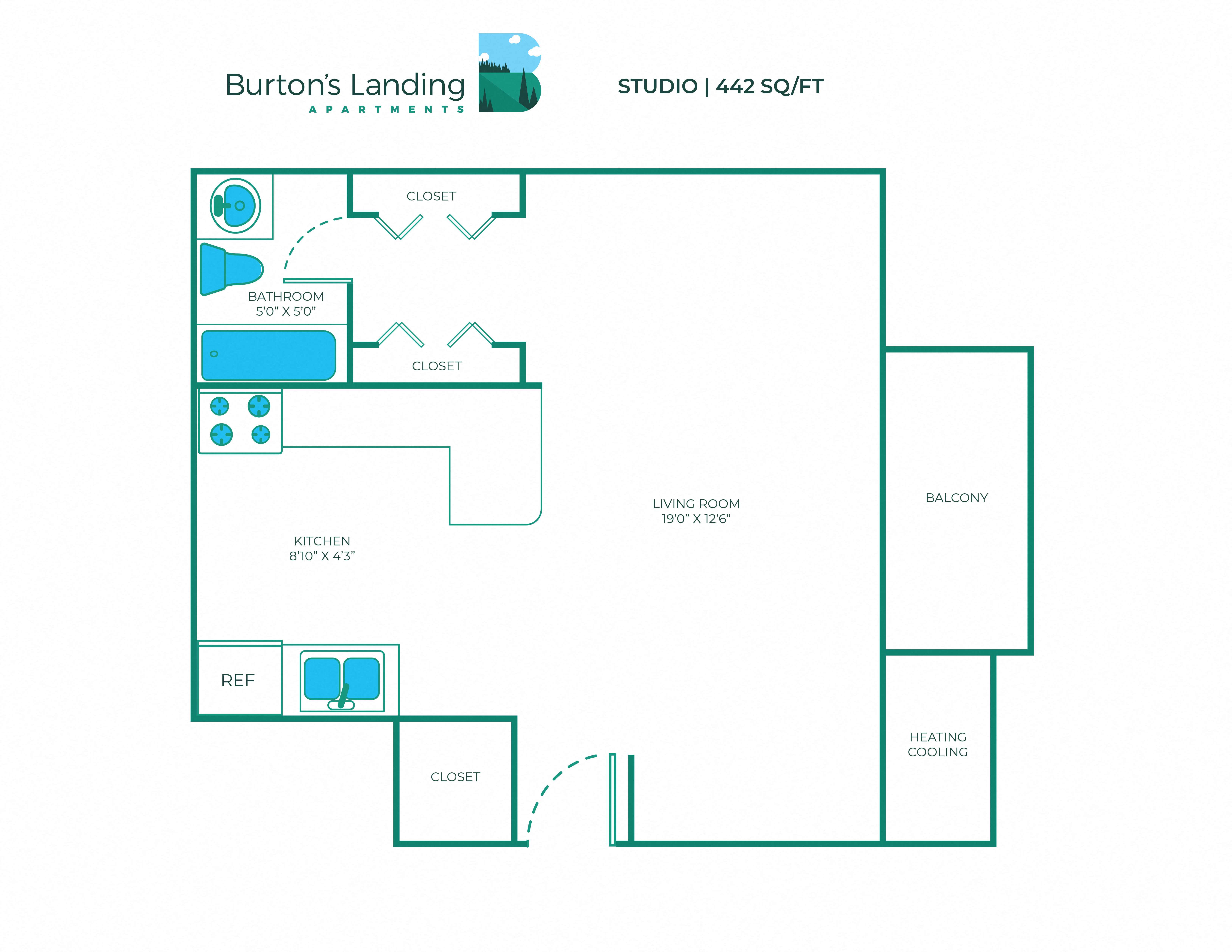Floor plan for studio, 1 bath, 442 sqft